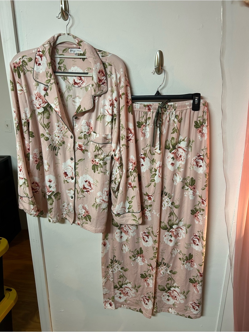 Body Touch Classics 3X Pink Floral Pajama Set Button Top & Pants Plus Size
